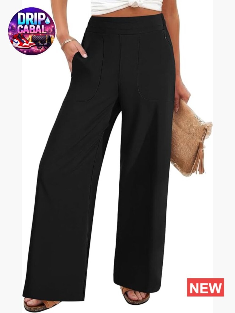 Wide Leg Palazzo Pants with Zipper Pockets, High Elastic Waist
